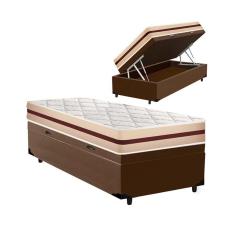 Cama Box com Baú Solteiro King Marrom + Colchão De Molas Ensacadas - Anjos - Classic - 96x203x68cm