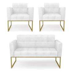 Kit 1 Sofá Namoradeira E 2 Poltronas Elisa Corano Base Metálica Industrial Dourado - D`rossi Cor Branco