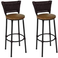 Kit 2 Banquetas Alta Preta Junco Argila com Assento Marrom Fortmix