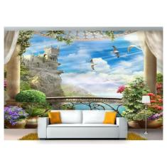 Papel De Parede Paisagem Flores Sacada Castelo Dah02 - Você Decora