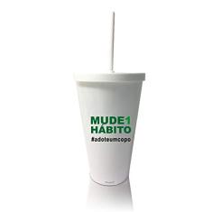 6 Copos com Tampa e Canudo Branco Personalizados Eco Mude um Hábito