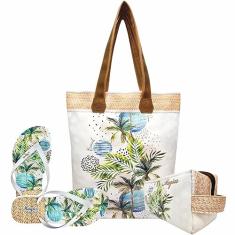 Kit Tropical Feminino Coqueiros Tropicais com Bolsa, Necessaire e Chinelo, Magicc KIT-202