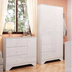 Quarto Infantil com Guarda Roupa e Cômoda 100% MDF Cocada Branco Brilho