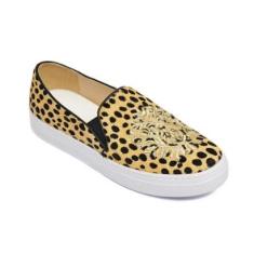 Tênis Slip On Feminino Couro Onça Conforto Caminhada-Feminino