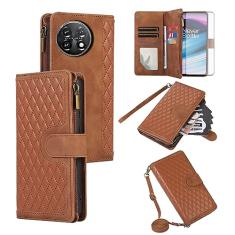 Asuwish Capa de telefone para OnePlus 11 5G capa carteira com protetor de tela de vidro temperado e alça transversal para pulso flip zíper suporte para cartão de crédito celular One Plus11 1 Plus
