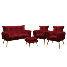 Namoradeira e 2 Poltronas Beta com Puff Lunar Veludo Aradecor, Vermelh