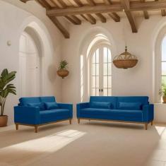 Sofá Living 3 e 2 Lugares Valência - 2,20/1,58mts - Veludo Azul Marinh