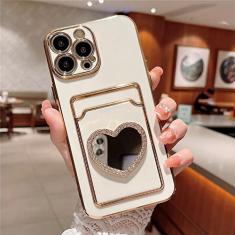 Estojo para cartão carteira com brilho e strass Love Heart Mirror Plating para iPhone 14 13 11 12 Pro Max XS X XR 7 8 Plus SE Soft Slot Cover, branco, para iPhone 12Pro Max