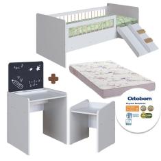 Kit Cama Montessoriana E Colchão Ortobom Com Mesa Com Quadro E Banqueta Infantil Branco Spencer Shop Jm