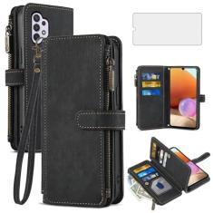 Asuwish Capa de telefone para Samsung Galaxy A32 4G 6,4 polegadas capa carteira e protetor de tela de vidro temperado couro flip porta-cartão de crédito slot acessórios para celular A 32 32A S32 G4
