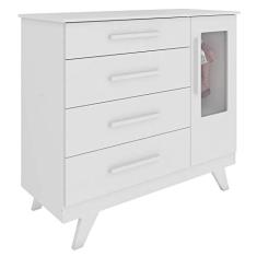 Cômoda de Bebê 1 Porta com Vidro 4 Gavetas Retrô Móveis Peroba Branco Brilho