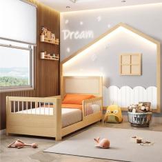 Conjunto Cama Solteiro Wave Montessoriana Led, Grade de Proteção e Moldura Dream Decor Led Casatema Natural / Branco