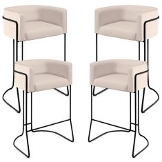 Kit 04 Banquetas Alta Betina D02 C-309 Estrutura Aço Assento Veludo Bege Preto Lyam Decor