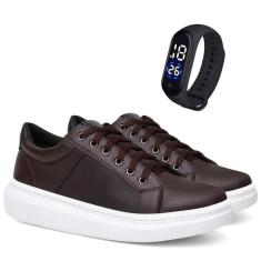 Tenis Sapatenis Casual Urbano Masculino em Couro Confortavel + Relogio Digital-Masculino