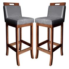 Kit 2 Banquetas Média para Cozinha Milão Madeira Castanho Suede Cinza CCS