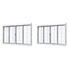 Kit com 2 Janelas de Aço de Correr Central 100x120cm 4 Folhas com Grade Quadriculada e Vidro Liso Branco