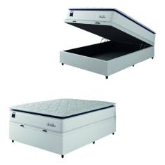 Cama Box Baú Casal Colchão Molas Ensacadas Com Pillow Sevilha 138x188x74cm Branco/Cinza Hellen – Suporta Até 150 Kg Por Pessoa