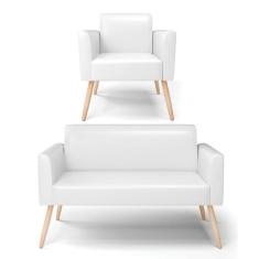 Sofá Namoradeira com Poltrona Pés Palito Natural Marisa Corano Branco 