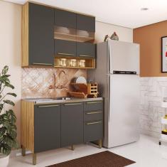 Cozinha Modulada Compacta 2 Peças 6 Portas 2 Gavetas sem Tampo com Vidro Reflecta 100% Mdf Itália Es Amêndoa/Cinza