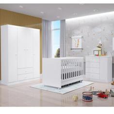 Quarto Infantil Completo com Guarda Roupa 4 Portas, Cômoda 4 Gavetas e