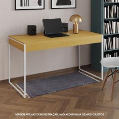 Escrivaninha Industrial Madeira Padrão Office Canela 137X53Cm Com Base Em Ferro Branco