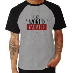 Camiseta Raglan Hello World - Foca na Moda, Cinza, Preto, G