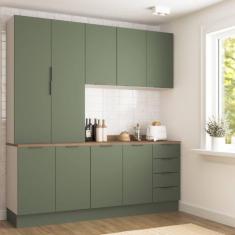 Cozinha Modulada 4 Peças com Tampo 2 Aéreos 5 Portas e 2 Balcões Ipanema CabeCasa MadeiraMadeira Verde Folha/Branco