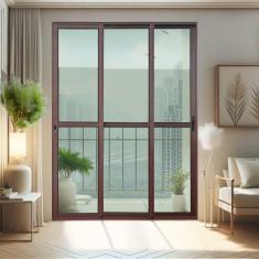 Porta de Correr 3 Folhas Moveis Sequenciais 210 X 180 Elite com Fechadura Tetra Vidro Liso Corten