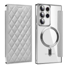 Porta-cartões de couro magnético para Samsung Galaxy S23FE S24 S22 Ultra Plus Porta-cartões de carga sem fio Capa dura à prova de choque, cinza, para Galaxy S23 Ultra