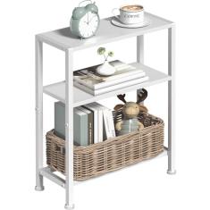 Mesa lateral estreita para espaços pequenos, mesa de canto pequena de 2 camadas com suporte de prateleira, mesa de cabeceira fina, mesa de sofá de lanche skinny na sala de estar, quarto, escritório,