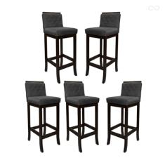 Kit 5 Banquetas Alta com Encosto Matelassê Nice Madeira Maciça Maciça Suede Cinza CCS