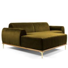 Sofá 4 Lugares com Chaise Base de Madeira Euro 255 cm Veludo Mostarda 