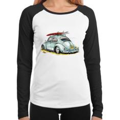 Baby Look Raglan Fusca Vintage Manga Longa - Foca na Moda, Branco, Pre