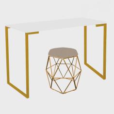 Mesa Ley Industrial Escritório e Home Office com Puff Luna Suede Bege Dourado Tampo Branco - Ahz Móveis