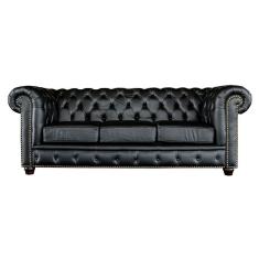 Sofá 3 Lugares 235cm Chesterfield Pés Madeira Couro Preto