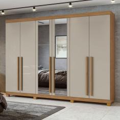 Guarda-Roupa 6 Portas 4 Gavetas Bertha com espelho e com Pés Amêndoa Clean/Off White