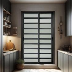 Porta de Correr com Travessas 2 Folhas Moveis 210 X 200 Elite com Fecho Automático Vidro Liso Preto