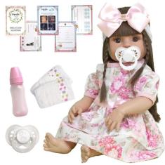 Bebê Reborn Menina Baby Cabelos Castanhos Vestido Florido - Cegonha Re