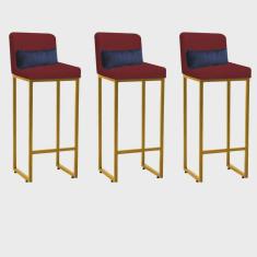 Kit 03 Banqueta Alta com Encosto Lucca Industrial Cozinha Balcão Ferro Dourado Sintético Vermelho e Almofada Azul Marinho - Ahazzo Móveis