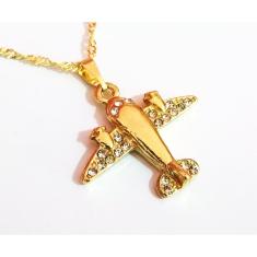 Colar Cordão Avião Aeronave Folheado 18k