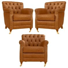 Kit 03 Poltronas Decorativas Sala de Estar Níger Pés Príncipe Couro Mel - Gran Belo