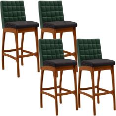 Kit 4 Banquetas Altas Fixa Mila B04 Madeira Estofado Verde Musgo Linho Chumbo Lyam Decor