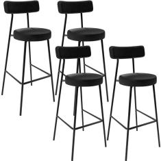 Kit 4 Banquetas Altas Milão F01 Moderno Aço Assento Estofado Preto Lyam Decor