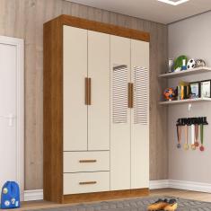 Guarda Roupa Solteiro  Com Espelho 4 Portas 2 Gavetas New Verona Sallêto Móveis - Cinamomo/Off