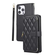 Capa de telefone de couro com cordão longo para iPhone 15 14 13 12 11 Pro Max X XS XR Plus Capa de cartão carteira com zíper, preta, (para iPhone 11 Pro Max)
