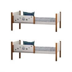 Kit 2 Camas Infantil Solteiro Star - Branco/Castanho Claro - Divaloto Móveis