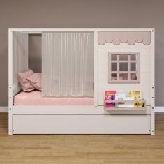 Bicama Casinha Reta com Cortina Madeira Maciça Branco/ Rosa Housin