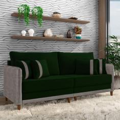 Sofá Living Montecarlo 3 Lugares Bipartido 252cm Pés em Madeira Veludo/PU Verde/Cinza G33 - Gran Belo