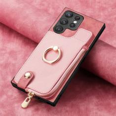 Capa de couro com suporte de anel de carteira para cartões com zíper para Samsung Galaxy A54 A34 A14 A53 A12 A23 5G S23 Ultra S22 S21 Plus Capa de bolsa, rosa, para Galaxy S22Ultra