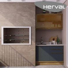 Cozinha Modulada Compacta, 2 Peças 100% Mdf com Vidro, Édez Uno, Grafite e Louro Freijó